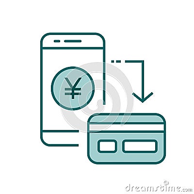 Credit card with mobile phone flat line icon. Online bank sign. Vector Illustration